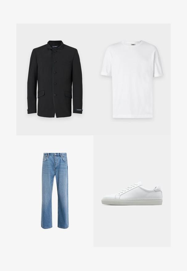 Czarna kurtka z kołnierzem mandaryńskim, z sześcioma guzikami, dwoma bocznymi kieszeniami i subtelnymi detalami w szwie. Gładka faktura tkaniny.; Biała bawełniana koszulka z okrągłym dekoltem, krótkimi rękawami i podwiniętymi mankietami; prosty design, miękka tekstura i prosty krój.; Jasnoniebieskie dżinsy o prostym kroju, pięć kieszeni, zapięcie na guzik, minimalne blaknięcia i kontrastowe wykończenia szwów.; Białe sneakersy z gładką skórzaną cholewką i niskim profilem. Posiadają okrągły nos, sześć dziurek na sznurówki oraz teksturowaną gumową podeszwę.