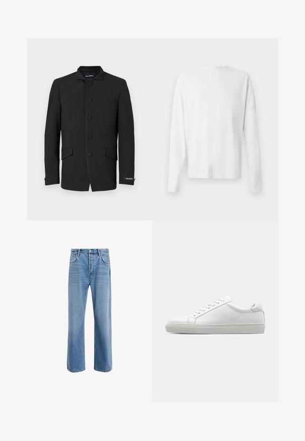Svart jacka med mandarin-krage, med sex knappstängningar, två sidofickor och subtila sömdetaljer. Slät tygtextur.; Vit långärmad skjorta i bomull med rund halsringning, sidofickor längst ner och en slät yta, visad bakifrån.; Ljust blå denimjeans med rak passform, fem fickor, knappstängning, minimal blekning och kontrasterande sömdetaljer.; Vit sneaker med en slät läderövre och låg profil. Har en rundad tå, sex snörhål och en strukturerad gummisula.