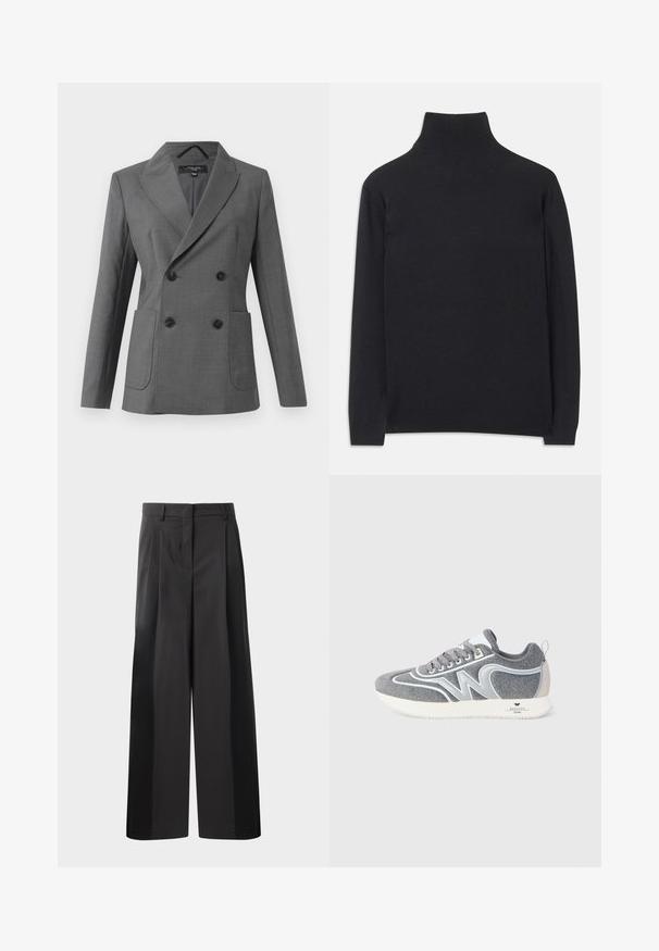 Grå dubbelknäppt blazer med breda slag, fyra svarta knappar, två framfickor och långa ärmar, uppvisad mot en vit bakgrund.; Svart polotröja i mjukt tyg. Har långa ärmar, hög krage och ribbade ärmar och nederkant för en figurnära look.; Svarta byxor med vida ben och hög midja, med framveck, en slät textur och en skräddarsydd finish. Designade för en avslappnad passform.; Grå och vit låg sneaker med snören, "W"-design på sidan och en vit sula märkt "Weekend Max Mara" på hälen.