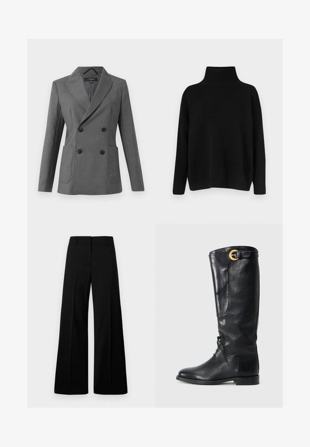 Sivo dvostruko zatvoreno blejzer s širokim reverima, četiri crna gumba, dva prednja patentna džepa i dugim rukavima, prikazan na bijeloj pozadini.; Crni pleteni džemper s visokim rebrastim ovratnikom, spuštenim ramenima i opuštenim krojem. Ima rebraste manžete i rub radi teksture.; Crne hlače širokih nogavica s glatkom teksturom, strukturiranim pojasom i prednjim nabranim detaljima. Minimalistički dizajn bez vidljivih metalnih dijelova.; Crne kožne čizme do koljena s zaobljenim vrhom, vezanjem sprijeda, bočnim detaljem i zlatnom kopčom na vrhu. Glatka tekstura.