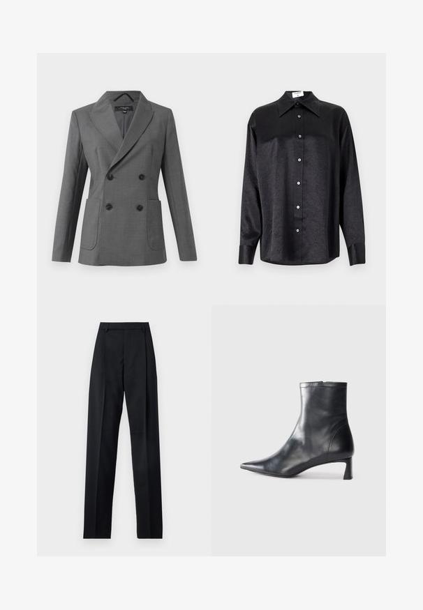 Blazer grigio doppiopetto con ampi rever, quattro bottoni neri, due tasche anteriori a toppa e maniche lunghe, mostrato su uno sfondo bianco.; Camicia nera a maniche lunghe con colletto, caratterizzata da una texture stropicciata, chiusura frontale con bottoni e polsini. Realizzata in un tessuto morbido.; Pantaloni neri realizzati in tessuto morbido, caratterizzati da vita alta, gambe larghe, pince frontali e classiche passanti per cintura. Non ci sono tasche laterali visibili.; Stivaletto in pelle nera con punta affusolata e design elegante. Presenta un tacco basso e una chiusura con zip sul retro. Texture liscia.