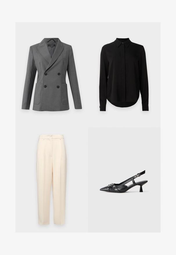 Kaksiridadega hall bleiser laia kraega, nelja musta nööbiga, kahe eesmise taskuga ning pikkade varrukatega, esitatud valgel taustal.; Mustmustärgne, pikkade varrukatega pluus terava kraega, varjatud nööpide ridadega ja kõverate servadega, valge tausta ees.; Beežid kohandatud püksid otse lõikega, ees volditud, siledast tekstuurist ja keskmise kõrgusega vöökoht. Nähtavaid taskuid ei ole.; Must must have must toote tõmblukuga, dekoratiivsed rihmad metallist silmadega ja madal blokk-kand. Tekstureeritud pind.