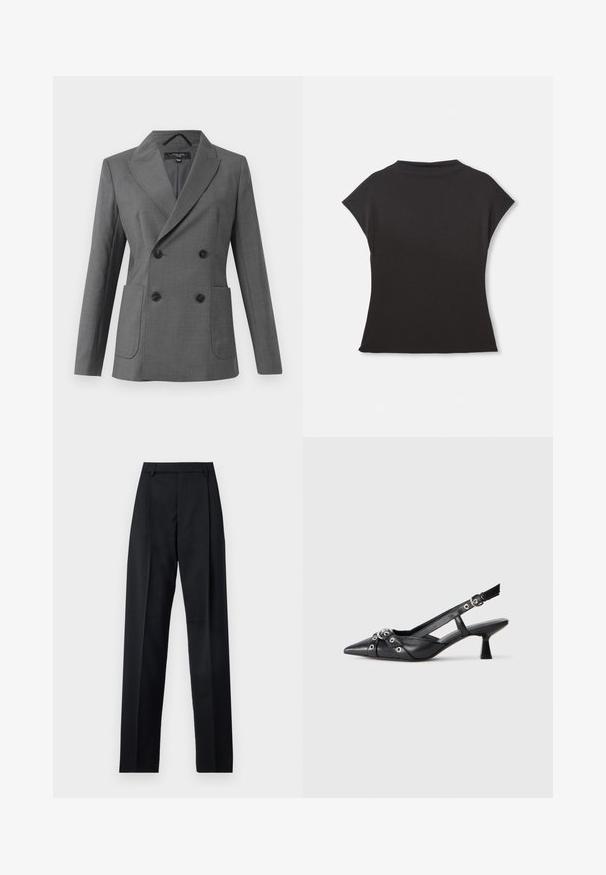 Dviejų eilių pilkas švarkas su plačiomis atvartais, keturiais juodais mygtukais, dviem priekinėmis kišenėmis ir ilgomis rankovėmis, pristatytas ant balto fono.; Juodas trumpas rankovėmis viršus su aukštu kaklu ir laisvu siluetu. Pagamintas iš minkštos medžiagos su lygiu paviršiumi. Nėra matomų raštų ar grafikų.; Juodos kelnės iš lygaus audinio, pasižyminčios aukštu liemeniu, plačiomis kojomis, priekinėmis klostėmis ir klasikiais diržo kilpomis. Šoninių kišenių nematyti.; Juodas odinis slingback tipo batai su smailiu priekiniu atvartu, dekoratyvinėmis sagtimis su metaliniais akyčiais ir žemu blokiniu kulnu. Saldus paviršius.