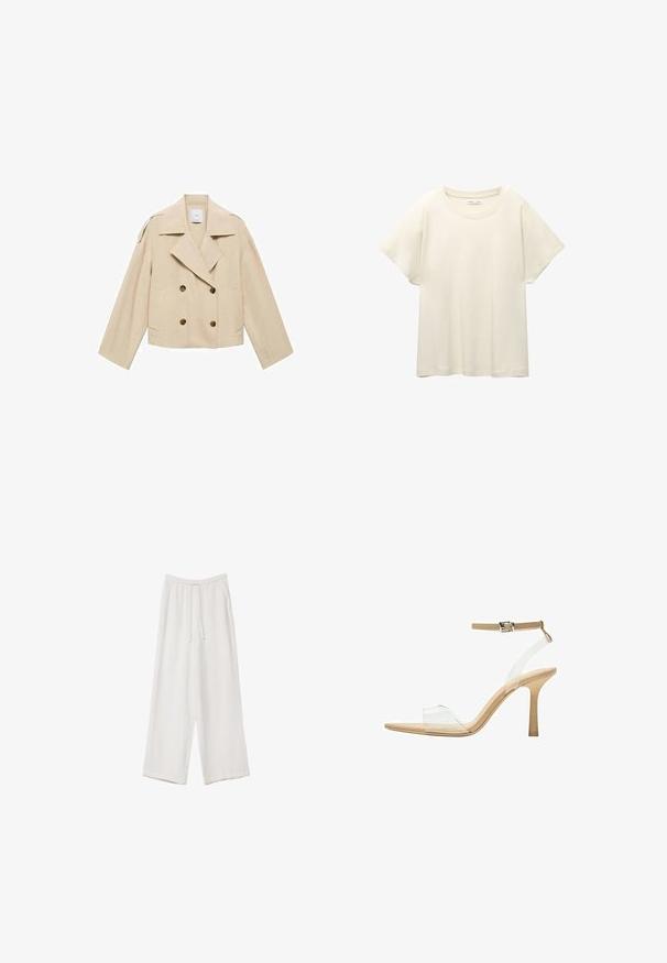 Béžová dvouřadá bunda s širokým límcem, velkými knoflíky a dvěma předními kapsami. Měkká tkanina s krátkým a volným střihem.; Svetle béžové tričko s krátkým rukávem a kulatým výstřihem, vyrobené z jemné, hladké tkaniny. Má uvolněný střih a rovný lem.; Bílé široké kalhoty vyrobené z lehké tkaniny. Mají elastický pas se šňůrkou a boční kapsy. Hladká textura.; Průhledná sandálová obuv s průhledným svrškem, béžovou stélkou a štíhlým páskem kolem kotníku. Má špičatou špičku a tenký vysoký podpatek.