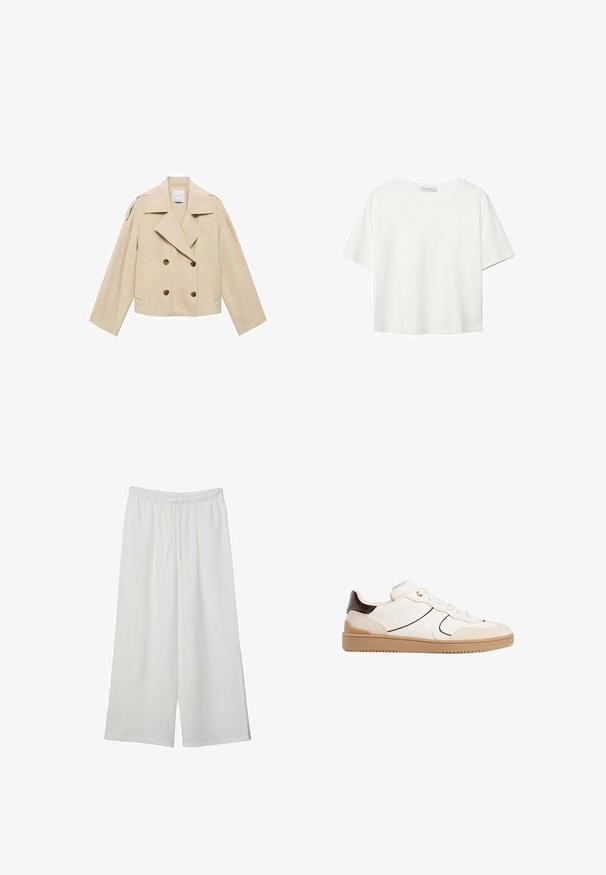 Beige kaksirivinen takki, jossa on leveä kaulus, suuret napit ja kaksi etutaskua. Pehmeä kangas, jossa on lyhyt ja väljä malli.; Valkoinen lyhythihainen T-paita, joka on tehty puuvillasta. Siinä on pyöreä kaula-aukko ja rento malli. Silkkinen pinta ilman näkyviä kuvioita tai koristeita.; Valkoiset leveälahkeiset housut, jotka on valmistettu kevyestä kankaasta. Niissä on joustava vyötärö ja nauha säädettävää istuvuutta varten. Sileä pinta.; Stradivarius Matalavartiset tennarit - white