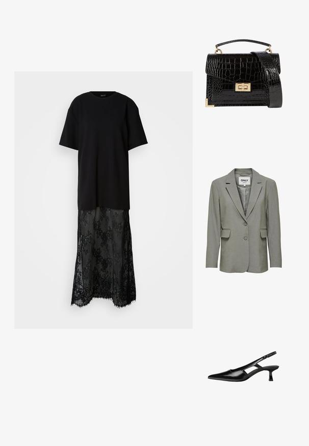 Blazer gris avec une finition lisse et texturée. Revers crantés, fermeture à deux boutons et poches à rabat. Intérieur doublé pour un confort accru.; Robe noire avec un haut en t-shirt et une jupe en dentelle superposée. Manches courtes, encolure ronde, dentelle transparente avec des motifs floraux et ourlet effiloché.; Escarpins slingback en cuir verni noir avec un bout pointu, un design découpé sur les côtés et un petit talon carré. Texture lisse avec des accents minimaux.; Sac à main en cuir verni noir avec une texture crocodile, quincaillerie dorée, une poignée supérieure et une bandoulière amovible. Forme rectangulaire avec une fermeture à rabat.