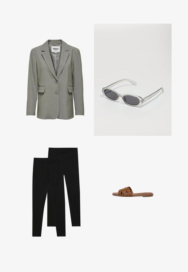 Grauer Blazer mit einer glatten, strukturierten Oberfläche. Mit Reverskragen, zwei Knöpfen und aufgesetzten Taschen. Gefüttertes Innenfutter für zusätzlichen Komfort.; Zwei nahtlose Schlauchschals: einer schwarz und einer weiß. Beide bestehen aus weichem, dehnbarem Material und haben eine glatte Textur ohne Muster.; Schwarze Leggings aus dehnbarem Stoff, mit einem nahtlosen Bund und einer schmalen Passform, geeignet für Freizeit oder Sport.; Braune Leder-Sandale mit gekreuzten Riemen, flacher Sohle und glatter Textur. Schlichtes Design ohne Verzierungen oder Muster.; Sonnenbrille mit ovaler Form, klarem Kunststoffrahmen, dunkelgrauen Gläsern und dünnen transparenten Bügeln mit Logo-Akzenten und minimalen Details.