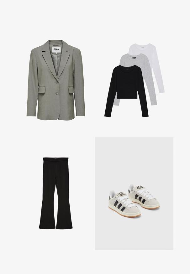 Blazer grigio con una finitura liscia e strutturata. Rever a scatto, chiusura a due bottoni e tasche a falda. Interno foderato per un maggiore comfort.; Tre magliette a maniche lunghe impilate: nera, grigia e bianca. Ognuna ha un colletto rotondo e un design accorciato con tessuto morbido e leggero.; Leggings a zampa nera realizzati in un tessuto elasticizzato. Presentano una vita alta e una superficie liscia, con una silhouette aderente che si ampia all'orlo.; Sneakers in suede grigio con lacci bianchi, strisce nere e suola in gomma bianca. Presentano un logo circolare sulla linguetta e una suola in gomma.