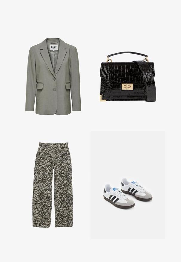Grijze blazer met een gladde, gestructureerde afwerking. Met notch-revers, sluiting met twee knopen en klepzakken. Gevoerd interieur voor extra comfort.; Zwarte katoen stof met een soepele textuur en een ronde halslijn, met een subtiele, gelijkmatige nerfpatroon. Geen zichtbare logo's of accenten.; Leopardprint wijdere broek in een neutrale beige en zwarte kleurstelling. Kenmerken zijn een hoge taille, vijf zakken en een knoopsluiting.; Sportschoenen met een witte leren bovenkant, grijze suède neus en drie zwarte strepen. Bevat een blauw logo op de tong en een gestructureerde rubberen zool.; Zwarte patenten leren handtas met een krokodillenstructuur, gouden hardware, een bovenhandvat en een afneembare schouderband. Rechthoekige vorm met een klepafsluiting.