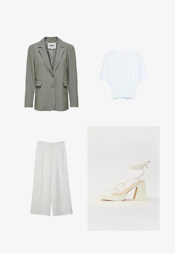 Blazer grigio con una finitura liscia e strutturata. Rever a scatto, chiusura a due bottoni e tasche a falda. Interno foderato per un maggiore comfort.; T-shirt bianco a maniche corte con una vestibilità rilassata e una texture smock in vita. Realizzato in tessuto morbido e leggero.; Pantaloni bianchi a gamba larga realizzati in tessuto leggero, dotati di una vita elastica e di un cordino per una vestibilità regolabile. Texture liscia.; Sandalo bianco con tacco alto, caratterizzato da un design a cinturini e un legaccio alla caviglia. Texture liscia con una piattaforma frontale per un'altezza aggiuntiva.