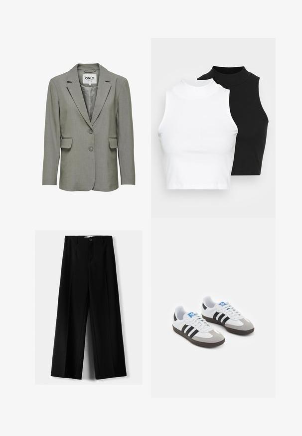 Blazer gris avec une finition lisse et texturée. Revers crantés, fermeture à deux boutons et poches à rabat. Intérieur doublé pour un confort accru.; Deux hauts sans manches en maille côtelée, en noir et blanc, dotés d'un design ajusté et d'une texture lisse, avec une longueur courte.; Pantalons larges noirs en tissu léger, avec une fermeture à bouton à l'avant et un devant plat, dotés d'ourlets soigneusement cousus.; Baskets avec une tige en cuir blanc, un bout en daim gris et trois bandes noires. Présente un logo bleu sur la languette et une semelle en caoutchouc texturée.