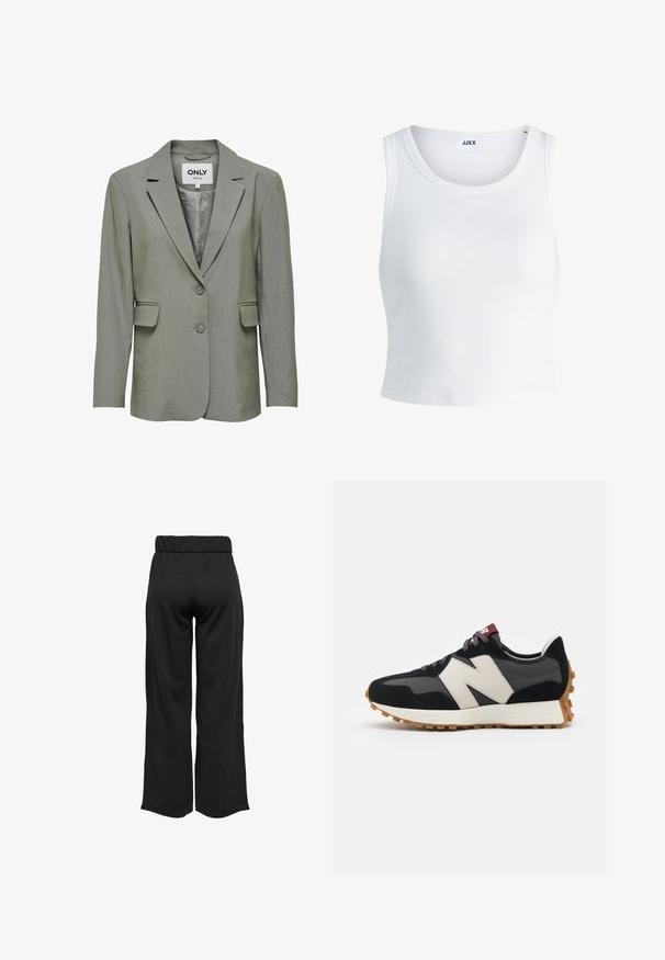 Pilkas švarkas su lygiu, tekstūriniu paviršiumi. Iškirpti apykaklės kraštai, dvi mygtukų užsegimai ir kišenės su atvartais. Pamuštas vidus papildomam komfortui.; Balta raukšlėta tank top marškinėliai su apvaliu iškirpimu, be rankovių dizainu ir trumpa ilgio. Etiketėje parašyta "JJXX." Lygus audinio paviršius.; Juodos, plačios kelnės su elastinga juosta, pagamintos iš lygaus audinio. Pasižymi švariu dizainu, be kišenių ar matomų siūlių detalių.; Juoda ir pilka zomšinė sportinė avalynė su dideliu kreminiu "N" logotipu, violetinėmis raištelėmis ir tekstūruota gumos padu.