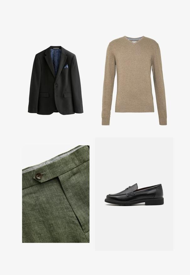 Černý blazer s jedním knoflíkem, dvěma předními kapsami a vzorovanou modrou podšívkou. Součástí je modrý kapesníček a též je ve střihu na míru.; Svetr s výstřihem do V vyrobený z měkké, světle hnědé pleteniny, s dlouhými rukávy a vroubkovanými manžetami a lemem. Jemná textura po celé ploše látky.; Bílý bavlněný tričko s kulatým výstřihem nošené s námořnickými plisovanými kalhotami a hnědým koženým páskem se zlatou sponou.; Olivově zelené lněné kalhoty s předním záhybem, vybavené zapínáním na knoflík a kontrastní kostkovanou podšívkou v pase.; Černé syntetické mokasíny s výrazně prošívanou špicí, měkkou stélkou a plochou gumovou podrážkou; elegantní design s minimálním zdobením.