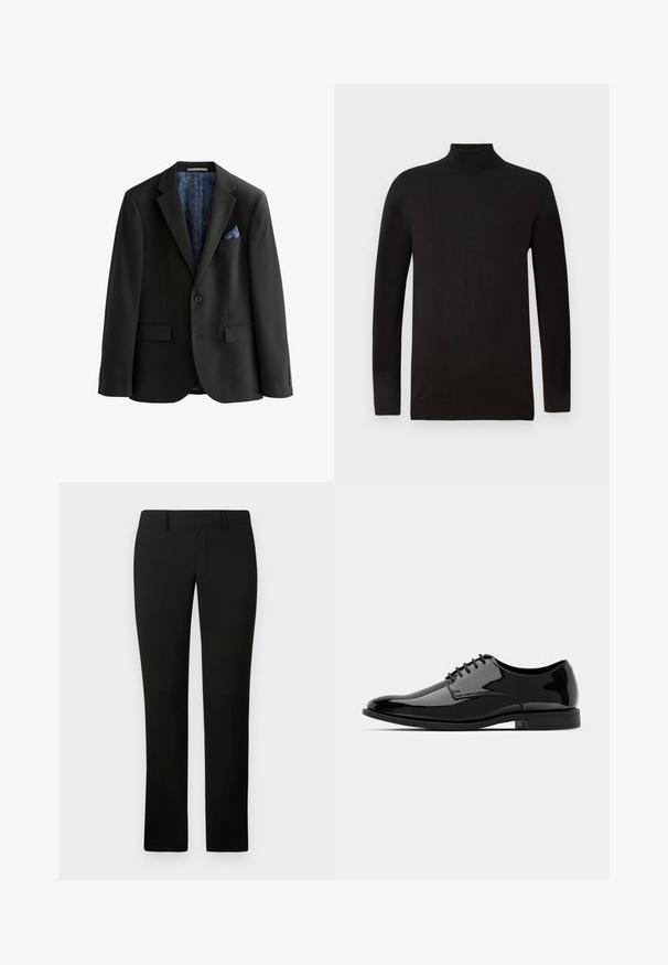 Juodas švarkas su vienu mygtuku, dviem priekinių kišenių ir raštuotu mėlynu pamušalu. Pridedamas mėlynas kišeninis audinys ir pritaikytas siluetas.; Juodas merinos vilnos megztinis su aukšta apykakle. Ilgos rankovės ir prigludęs siluetas su gaubtu ir apačia sudarytais iš įripto audinio. Minimalus ženklinimas.; Juodos kelnės su pritaikytu šiuolaikiniu siluetu, pasižyminčios sklandžiu paviršiumi ir tiesaus kirpimo dizainu. Juosmuo turi diržo kilpas ir tvarkingą apdailą.; Juodas lakinės odos suknelės bateliai su apvaliu priekiu, su raišteliais ir lygiu, blizgiu paviršiumi. Turi žemą guminį padas.