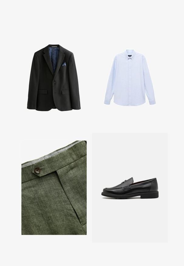 Zwarte blazer met een enkele knoop, twee voorzakken en een gestreepte blauwe voering. Inclusief een blauwe zakdoek en een getailleerde pasvorm.; Lichtblauwe overhemd met lange mouwen, knoopsluiting en een klassieke kraag, met een rechte zoom en een subtiele textuur. Voorzien van een centrale knoopsluiting.; Olijf groene linnen broek met een voorplooi, voorzien van een knoopsluiting en een contrasterende geruite voering bij de tailleband.; Zwarte synthetische loafers met een opvallende gestikte voorkant, gevoerde binnenzool en platte rubberen buitenzool; slank ontwerp met minimale details.