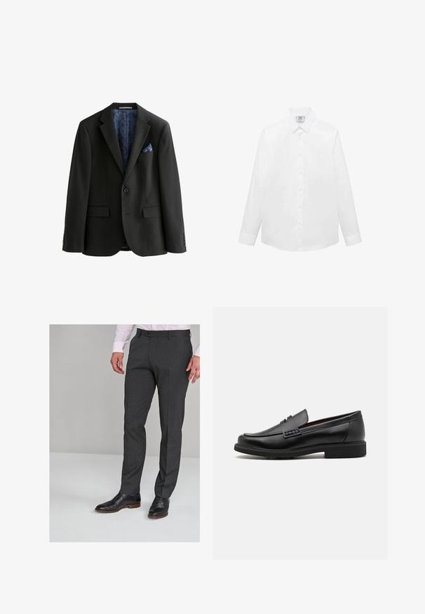 Černý blazer s jedním knoflíkem, dvěma předními kapsami a vzorovanou modrou podšívkou. Součástí je modrý kapesníček a též je ve střihu na míru.; Bílá košile s dlouhým rukávem vyrobená z hladké látky, s klasickým límcem, zapínáním na knoflíky a zakřiveným lemem. Minimalistický design bez vzorů.; Šedé kalhoty na míru s hladkým povrchem, s plochým předním dílem a poutky na opasek, v kombinaci s černými společenskými botami.; Černé syntetické mokasíny s výrazně prošívanou špicí, měkkou stélkou a plochou gumovou podrážkou; elegantní design s minimálním zdobením.