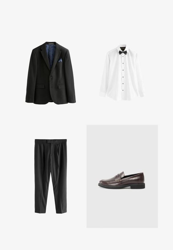 Juodas švarkas su vienu mygtuku, dviem priekinių kišenių ir raštuotu mėlynu pamušalu. Pridedamas mėlynas kišeninis audinys ir pritaikytas siluetas.; Balta medvilninė marškinėliai su ilgomis rankovėmis, juoda kaklaraištis-varlyte ir juodais mygtukais per visą priekį.; Next REGULAR FIT -CHECK SMART - Chino stiliaus kelnės - black; Rudi odiniai loaferiai su lygiu paviršiumi, turintys subtilų siūlių akcentą viršuje ir juodą gumos padą.
