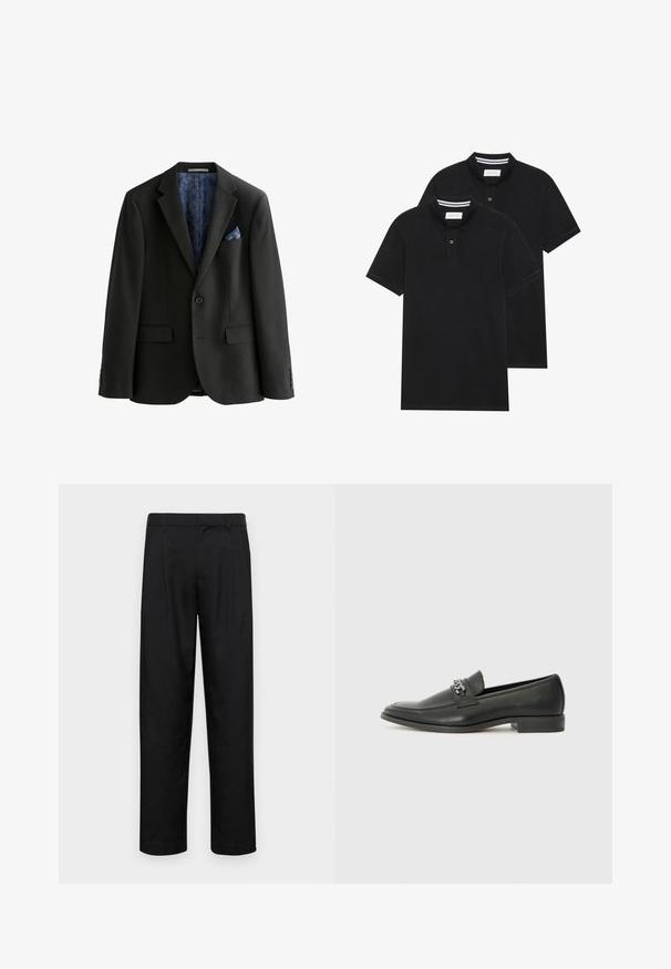 Blazer negro con un solo botón, dos bolsillos frontales y un forro azul estampado. Incluye un pañuelo azul y un ajuste entallado.; Dos camisetas polo negras, de manga corta, de material de algodón, que presentan un cuello clásico, una tapeta de dos botones y acentos de rayas blancas en el interior del cuello.; Pantalones negros de tela suave, con un diseño de pierna recta, dos pliegues frontales y una cintura estándar con trabillas para el cinturón.; Mocasín de cuero negro con un acabado suave, que cuenta con un diseño de costura y un acento decorativo de cadena de metal en el empeine. Tacón plano.