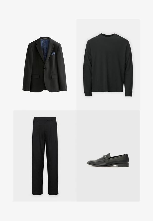 Schwarzer Blazer mit einem einzelnen Knopf, zwei Fronttaschen und einem gemusterten blauen Futter. Inklusive eines blauen Einstecktuchs und taillierter Passform.; Langärmliges schwarzes T-Shirt aus Baumwolle, mit Rundhalsausschnitt, lockerer Passform und gerippten Bündchen. Weiche Textur ohne sichtbare Muster.; Schwarze Hose aus glattem Stoff, mit geradem Bein Design, zwei vorderen Falten und einem Standardbund mit Gürtelschlaufen.; Schwarzer Lederloafer mit glatter Oberfläche, ausgestattet mit einer gesteppten Gestaltung und einem dekorativen Metallkettendetail über dem Vorderblatt. Flacher Absatz.
