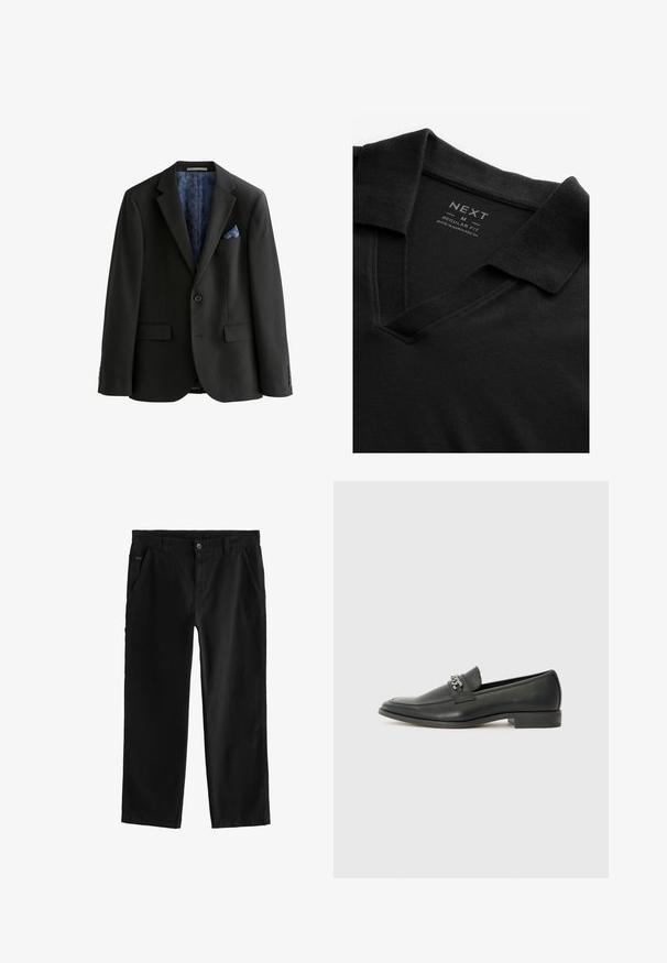 Musternil väike nupuga must bleiser, millel on kaks esi-taskut ja mustriga sinine vooder. Kaasa tuleb sinine tasku nelik ja kohandatud sobivus.; Must mustaga V-kaelusega ja tekstuuriga kanga. Omab voltimisega krae ja sildiga, mis näitab brändi ja suuruse teavet. Tavaline lõige.; Mustpeadest puuvillased püksid otselegii disainiga, millel on ees asuv nööbi sulgemine, kaldenurkadega külgtaskud ja peened õmblemise detailid.; Must haveate nahkking punased, millel on sile viimistlus, tikitud muster ja dekoratiivne metallkett vampi üle. Tasane konts.