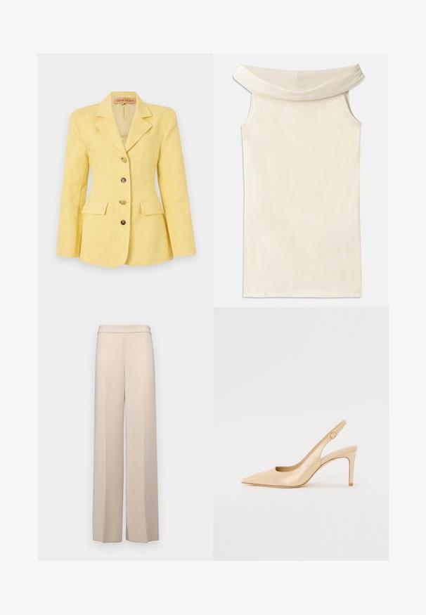 Dzeltena žakete ar rakstu, ar izgrieztu apkakli, viena rinda pogu, trim priekšējiem kabatām un zeltītām pogām. Gluda auduma tekstūra.; Kremlis bezsānu bežs kleita, kas izgatavota no gludas auduma, ar plašu apkakli un bez piedurknēm, taisna silueta un tīra apakšmala.; Beige platmalējošas bikses no gludas auduma, ar augstu jostasvietu un vieglām priekšējām krokām. Nav kabatu vai redzamu detaļu.; Nude lakota ādas paps papēdis ar norādītu purngalu, atvērtu augšdaļu un plānu stiletto papēdi. Iezīmē apļa zelta akcentu siksnā.