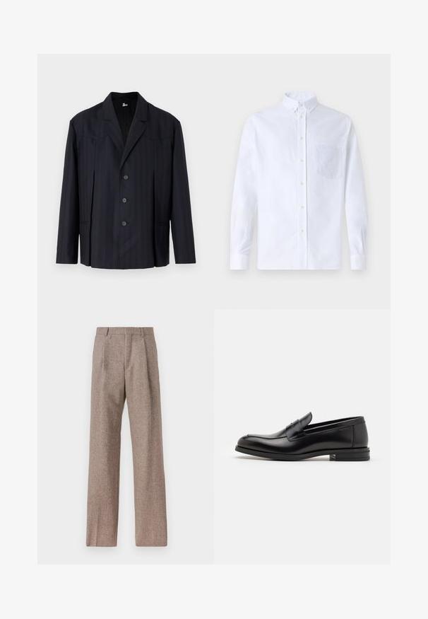 Donkerblauwe blazer met verticale streepjes, enkelgeknoopt ontwerp, gestructureerde schouders, vijf knopen en een met puntige kraag.; Witte lange mouwen overhemd van katoen, met een borstzak met tonale borduring, een kraag en knopenmanchetten.; Bruine, hooggewaisted broeken van een gestructureerde stof. Heeft wijde benen en twee voorplooien voor extra structuur. Net afgewerkt zonder zichtbare hardware.; Zwarte leren instappers met een gladde textuur, ronde neus en een decoratieve band over de wreef. Lage, gestapelde hak en minimalistisch ontwerp.
