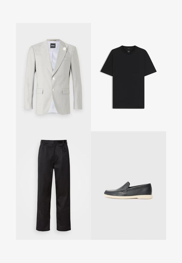 Blazer grigio chiaro con risvolti a punta, chiusura a due bottoni, tasche laterali e decorazione floreale bianca sul risvolto. Interno foderato.; Maglietta nera a maniche corte realizzata in un morbido misto cotone, con scollatura a girocollo e un design minimalista senza motivi o dettagli.; Pantaloni neri realizzati in tessuto morbido, con chiusura frontale a bottone, pieghe e gambe dritte. Nessun motivo o accento visibile.; Mocassini neri in pelle con finitura testurizzata e suola in gomma beige a contrasto. Presentano un accento sottile lungo la parte anteriore.