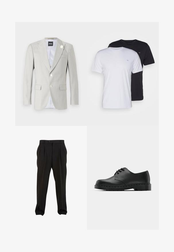 Light gray blazer with peak lapels, two button closure, side pockets, and decorative white flower accent on lapel. Lined interior.; Two cotton t-shirts in white and black, short-sleeved with round necks, featuring a small logo on the chest, smooth texture.; Black trousers with a smooth fabric, featuring front pleats, a button waistband, and tapered ankle cuffs. Classic tailored silhouette.; Black leather oxford shoe with lace-up design, rounded toe, flat rubber sole, and subtle stitching detail along the upper.