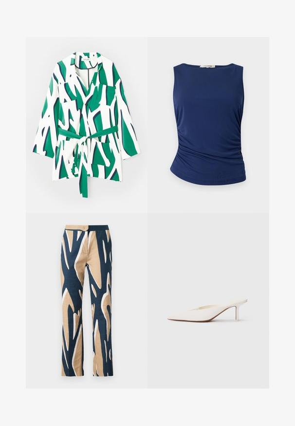 Košulja s dugim rukavima, apstraktni zeleni i mornarski uzorak na bijeloj pozadini, uključuje kaiš za struk i dva džepa na prsima.; Mornarsko plavi bezrukavni top izrađen od glatkog, rastezljivog materijala. Sadrži nabranje sa strane i zaobljen rub za prikladan izgled.; Hlače širokog kroja u mornarsko plavoj, bež i bijeloj grafičkoj uzorku. Izrađene od lagane tkanine s glatkom teksturom i prilagođenim strukom.; Bijele mule sa šiljastim vrhom i niskom stiletto petom. Napravljene su od glatkog materijala s minimalističkim dizajnom i suptilnim bež detaljem na potplatu.