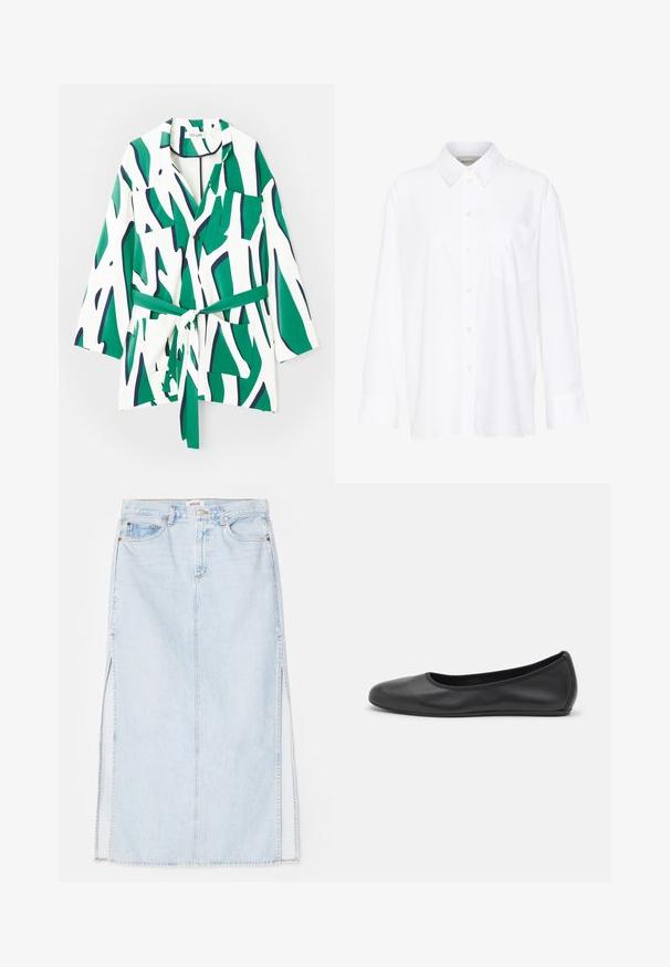 Camisa abotoada com mangas longas, padrão abstrato em verde e azul-marinho sobre um fundo branco, inclui um laço na cintura e dois bolsos no peito.; Camisa branca de manga longa com colarinho feita de algodão. Apresenta uma parte frontal com botões e um único bolso no peito. Textura suave, corte descontraído.; Saias maxi de denim azul claro com corte reto, apresentando aberturas laterais e design de cinco bolsos. Costura proeminente e fecho com botão metálico.; Bailarina preta em pele com bico arredondado, textura suave, detalhe de costura minimalista e design de sola flexível.