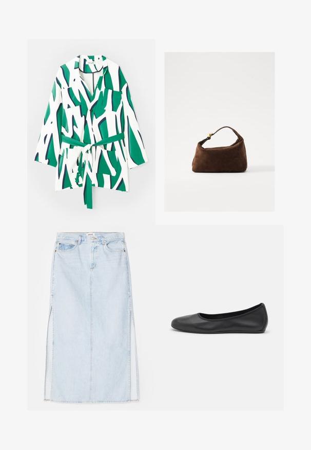 Ilgomis rankovėmis marškiniai su užsegimu, abstraktus žalias ir tamsiai mėlynas raštas ant baltos fono, su juosmens diržu ir dviem krūtinės kišenėmis.; Balta ilgomis rankovėmis marškiniai su apykakle, pagaminti iš medvilnės. Su mygtukų užsegimu priekyje ir viena krūtinės kišenė. Lygus paviršius, laisvas siluetas.; Šviesiai mėlynas džinsinis maksi sijonas su tiesiu kirpimu, su šoninėmis išpjovomis ir penkių kišenių dizainu. Išryškintas siuvinėjimas ir metalinė sagtis.; Juodai odiniai baletai su apvaliu pirštu, lygi texture, minimalus siuvimo detales ir lanksčiu padų dizainu.; Ruda suede rankinė su lenkta forma, trumpa rankena ir auksiniais detalių akcentais. Lygus paviršius ir minimalistinis dizainas.