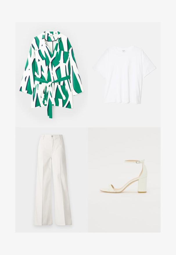 Knopshirts met lange mouwen, abstract groen en marineblauw patroon op een witte achtergrond, inclusief een tailleband en twee borstzakken.; Witte katoenen t-shirt met korte mouwen, ronde halslijn, comfortabele pasvorm en gestikte zoom. Etiket zichtbaar aan de binnenzijde van de hals.; Witte wijde-broek gemaakt van katoen met een gladde textuur. Voorzien van een knoop aan de voorkant, ritsopening en vierzakkenontwerp.; Witte leren sandaal met blokhak, voorzien van een enkelsluitsel met een gesp en een minimalistisch design. Open teen en gladde texturen overal.