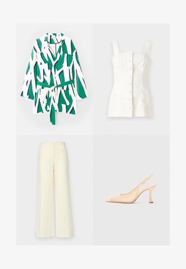 Krekls ar garām piedurknēm, ar abstraktu zaļas un jūras zilas krāsas rakstu uz balta fona, ar jostas saišu un divām krūšu kabatām.; Balta lina bez piedurknēm topa forma ar pieguļošu siluetu, priekšpuses pogu aizdare ar piecām pogām un taisnām siksnām.; Faithfull the brand LULEA PANT - Auduma bikses - white; Gaismas bēša krāsas sietiņkrūšbikses augstpapēžu kurpe ar smailu purngalu un plānu, izliekta papēža daļu, kas rotāta ar minimālistisku sprādzi.