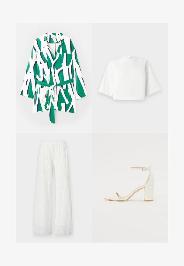 Camisa abotoada com mangas longas, padrão abstrato em verde e azul-marinho sobre um fundo branco, inclui um laço na cintura e dois bolsos no peito.; Camiseta branca cropped com ajuste relaxado, mangas curtas largas, decote redondo e fendas laterais, feita de material de algodão macio.; Calças largas brancas com um cós elástico, apresentando um padrão de renda floral texturizada por todo o tecido.; Sandal de bloco em pele branca, apresentando uma correia no tornozelo com fivela e um design minimalista. Com biqueira aberta e texturas suaves ao longo de toda a peça.