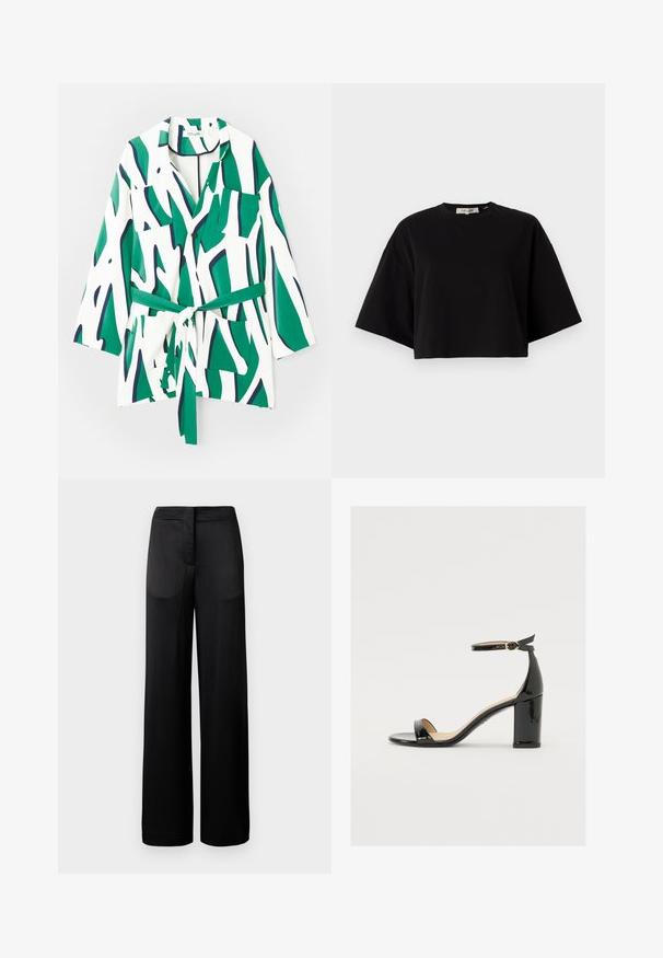 Koszula zapinana na guziki z długim rękawem, abstrakcyjny zielony i granatowy wzór na białym tle, zawiera pasek w talii i dwie kieszenie na piersiach.; Czarny krótki t-shirt wykonany z bawełny, z okrągłym dekoltem i krótkimi, szerokimi rękawami, zapewniającymi luźny fason. Gładka tekstura, prosty design.; Szerokie czarne spodnie z teksturowanej tkaniny, z płaskim pasem i dwoma kieszeniami po bokach. Materiał wydaje się lekki i zwiewny.; Czarne sandały z lakierowanej skóry na szerokim obcasie, z otwartym czubkiem i paskiem na kostce z złotą klamrą. Gładka faktura i elegancki design.