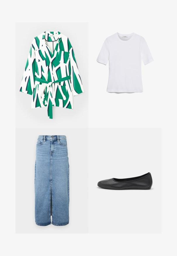 Koszula zapinana na guziki z długim rękawem, abstrakcyjny zielony i granatowy wzór na białym tle, zawiera pasek w talii i dwie kieszenie na piersiach.; Biała koszulka krótki rękaw wykonana z materiału prążkowanego. Okrągły dekolt, regularny krój i subtelne detale szwów. Bez wzorów ani grafik.; Denimowa spódnica maxi w jasnoniebieskim kolorze, z rozporkiem z przodu, zapięciem na guziki i pięcioma kieszeniami. Charakteryzuje się klasycznym przeszyciem i prostym krojem.; Czarne skórzane baletki z zaokrąglonym noskiem, gładką fakturą, minimalnymi przeszyciami i elastycznym designem podeszwy.