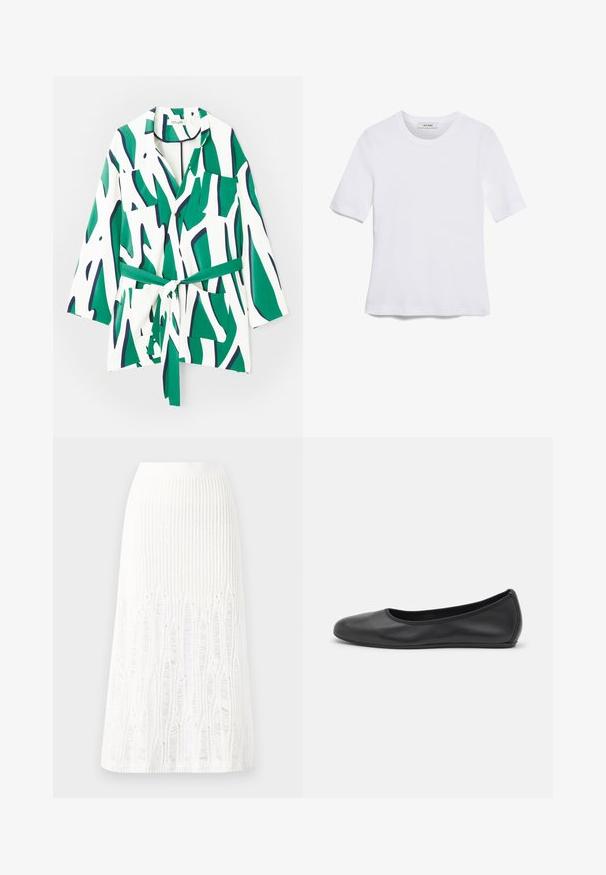 Knopshirts met lange mouwen, abstract groen en marineblauw patroon op een witte achtergrond, inclusief een tailleband en twee borstzakken.; Witte korte mouwen t-shirt van ribstof. Ronde halslijn, normale pasvorm en subtiele stiksels. Geen patronen of grafische elementen.; Gehaakte witte midi rok met een textuurpatroon met verticale lijnen en uitsparingen nabij de zoom. Elastische tailleband. Zacht materiaal.; Zwarte leren ballerina met een ronde neus, gladde textuur, minimale stikdetails en een flexibele zoolontwerp.