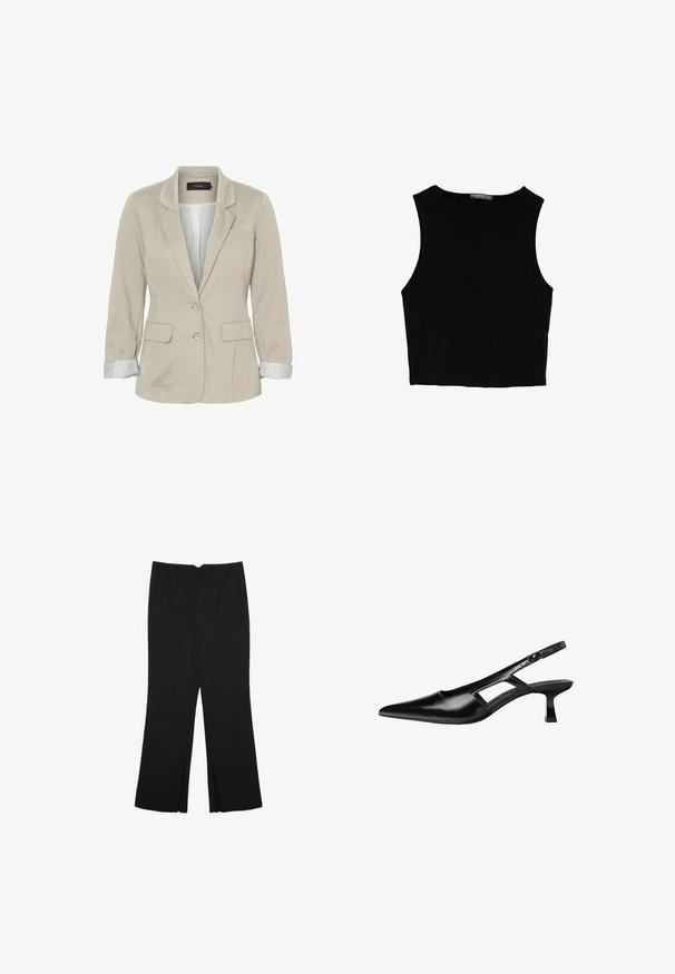 Vero Moda Blazer - oatmeal; Svart ärmlös crop top i mjukt tyg, med rund hals och en ren, enkel design utan mönster eller detaljer.; Svarta byxor med rak passform, utrustade med framfickor och sidoklyvningar vid fållen. Tillverkade av mjukt, slätt tyg. Lämpliga för olika tillfällen.; Svart lackläder slingback-klackar med spetsig tå, utskuren sidor och en liten fyrkantig klack. Slät textur med minimala accenter.