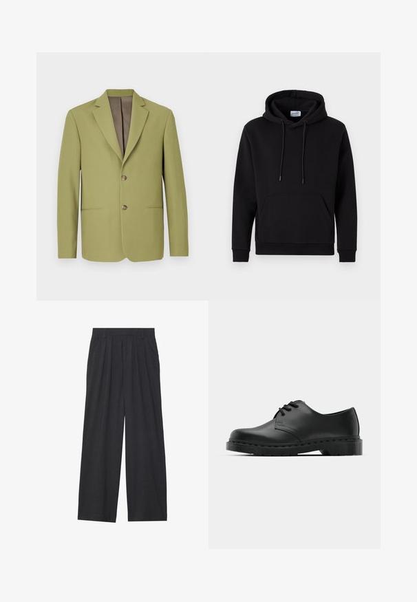 Blazer verde oliva con un design strutturato, revers a punta, due tasche frontali e foderatura interna marrone. Presenta una chiusura a due bottoni.; Felpa nera con cappuccio realizzata in tessuto ricco di cotone, dotata di tasca frontale, cappuccio con coulisse e polsini a coste. Design semplice e informale.; Pantaloni a gamba larga realizzati in tessuto grigio scuro. Presentano pences in vita, un design sartoriale e una silhouette dritta.; Scarpa oxford in pelle nera con design con lacci, punta arrotondata, suola piatta in gomma e dettagli di cucitura discreti lungo la parte superiore.