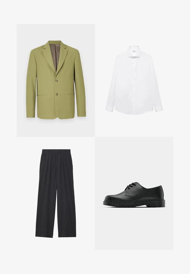 Olivgrüner Blazer mit strukturierter Gestaltung, Reverskragen, zwei Fronttaschen und brauner Innenbeschichtung. Mit einem Zwei-Knopf-Verschluss.; Weißes langärmliges Hemd aus glattem Baumwollstoff mit spitzem Kragen, Knopfleiste und geradem Saum.; Weit geschnittene Hosen aus dunkelgrauem Stoff. Merkmale sind Falten an der Taille, ein maßgeschneiderter Schnitt und eine gerade Silhouette.; Schwarze Leder-Oxford-Schuhe mit Schnürdesign, runder Zehenform, flacher Gummisohle und subtilen Nähten entlang des oberen Teils.