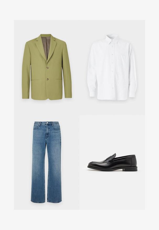 Olive green blazer with a structured design, notch lapels, two front pockets, and a brown interior lining. Features two-button closure.; White button-up shirt with a collar, featuring subtle vertical stripes, long sleeves, a chest pocket, and classic rounded hem.; Wide-leg blue jeans made of denim with a faded finish. Features five pockets, a front button closure, and a straight cut.; Black leather loafers with a smooth texture, rounded toe, and a decorative strap across the vamp. Low stacked heel, minimalist design.