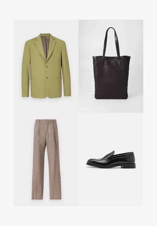 Olivgrüner Blazer mit strukturierter Gestaltung, Reverskragen, zwei Fronttaschen und brauner Innenbeschichtung. Mit einem Zwei-Knopf-Verschluss.; Weißes Langarm-Hemd mit Knöpfen aus Baumwolle, ausgestattet mit einer Brusttasche mit tonalem Stickerei, einem Kragen und Knopfmanschetten.; Braune, hochtaillierte Hose aus strukturiertem Stoff. Mit weitem Bein und zwei vorderen Bügelfalten für zusätzliche Form. Saubere Verarbeitung ohne sichtbare Hardware.; Schwarze Lederloafers mit glatter Textur, rundem Zehenbereich und einem dekorativen Riemen über dem Vorderfuß. Niedriger, gestapelter Absatz, minimalistisches Design.; Schwarze Stofftote mit schwarzen Ledergriffen. Einfaches Design, geräumiger Körper und glatte Textur. Keine sichtbaren Logos oder Muster.