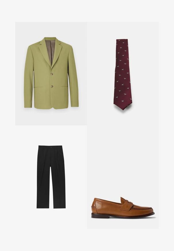 Olive green blazer with a structured design, notch lapels, two front pockets, and a brown interior lining. Features two-button closure.; White long-sleeve button-up shirt made of cotton, featuring a classic collar and a small blue logo on the left chest.; Black pants with a straight-leg design, made from a smooth fabric. Features front pleats and a single button closure at the waist.; Brown leather loafers with a flat sole, rounded toe, and decorative stitching. Features a stitched detail across the top and a smooth finish.; Burgundy tie with a ribbed texture, featuring small, embroidered bird patterns in blue and white throughout. Rectangular shape with pointed end.