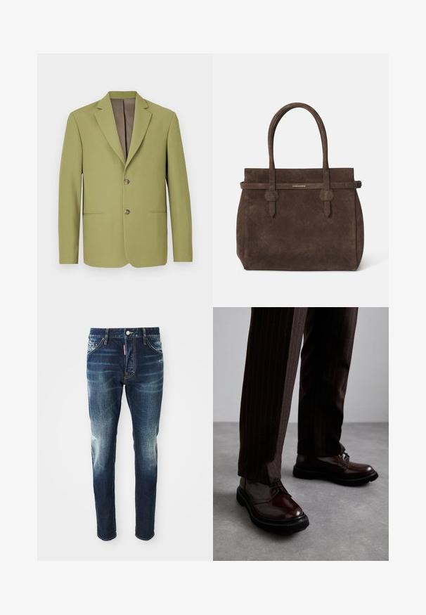 Olivgrüner Blazer mit strukturierter Gestaltung, Reverskragen, zwei Fronttaschen und brauner Innenbeschichtung. Mit einem Zwei-Knopf-Verschluss.; Weißes Baumwoll-Top ohne Ärmel mit rundem Ausschnitt, ausgestattet mit einer glatten Textur und einer figurbetonten Form, ideal für die Freizeit.; Dunkelblaue Jeans im Slim-Fit-Schnitt, mit verwaschenen Stellen an den Oberschenkeln und Knien, fünf Taschen und einem Metallknopfverschluss.; Braune Leder Schnürschuhe mit glänzender Oberfläche, schwarzer Gummisohle und dezenten Nähten. Getragen mit braunen Angabenhosen mit Nadelstreifen.; Dunkelbraune Wildledertasche mit doppelten Griffen und einem horizontalen Riemen, der mit einem kleinen goldenen DSQUARED2-Logo-Plakette versehen ist.