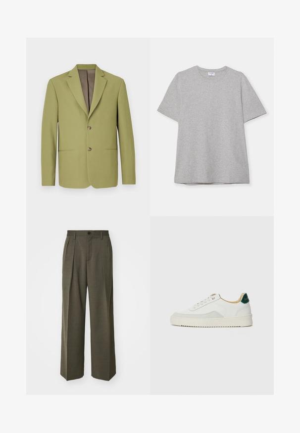 Olivza zaļa žakete ar strukturētu dizainu, ar iegrieztiem atloka galiem, divām priekšējām kabatām un brūnu iekšējo oderi. Ar divu pogu aizdari.; Pelēks īsā piedurkņu T-krekls, kas izgatavots no mīkstas, teksturētas auduma. Tam ir klasiskā apļa kakla izgriezums un taisna apakšmalā, piemērots ikdienas valkāšanai.; Filippa K WIDE TROUSERS - Auduma bikses - driftwood; Baltas sneakers ar zamša akcentiem, noapaļota purngala, plakaniem auklām un krēmkrāsas gumijas zoli. Ar zaļu zīmolu uz papēža.