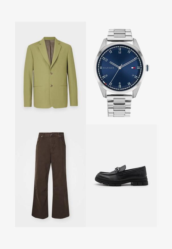 Olive green blazer with a structured design, notch lapels, two front pockets, and a brown interior lining. Features two-button closure.; Two sleeveless athletic tops, one white and one black, made of stretchy fabric with rounded necklines and visible seam details.; Brown wide-leg trousers made of cotton, featuring a high waist, front pockets, and a smooth texture. Finishing includes subtle stitching details.; Black leather loafer with a rounded toe, a decorative strap and hardware, and a chunky textured sole. Smooth finish with subtle detailing.; Silver metal watch with a brushed blue dial, white hour markers, and a date display. Features a linked metallic band and brand logo.; Silver chain necklace featuring thick links and a central circular pendant with intricate detailing. Smooth, reflective metal surface.