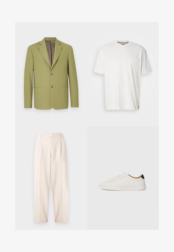 Blazer verde oliva con un diseño estructurado, solapas con muesca, dos bolsillos frontales y un forro interior marrón. Presenta un cierre de dos botones.; Camiseta blanca de algodón con cuello redondo, mangas cortas y bolsillo en el pecho izquierdo. Presenta una pequeña etiqueta de logo en la costura lateral.; Pantalones beige ajustados con una cintura alta, pliegues y un diseño de pierna recta. Fabricados en un tejido suave con bolsillos laterales y un acabado limpio.; Zapatilla blanca con parte superior de cuero suave, punta redonda y suela plana. Acento negro en el talón, con cordones tonales y un branding minimalista.
