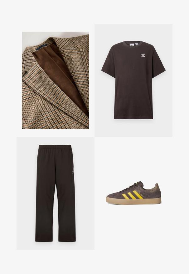 Brown houndstooth blazer with a textured weave, featuring a smooth brown lining with subtle floral patterns. Notched collar and tailored fit.; Dark brown cotton t-shirt with short sleeves, crew neck, and white Adidas logo on the left chest. Simple, relaxed fit design.; Black sweatpants featuring an elastic waistband, straight leg design, and subtle logo accent on the side. Made of soft, smooth fabric.; Gray suede sneaker with three yellow stripes, rubber gum sole, and textured detailing. Brand name "Gazelle" on the side. Simple lace-up design.