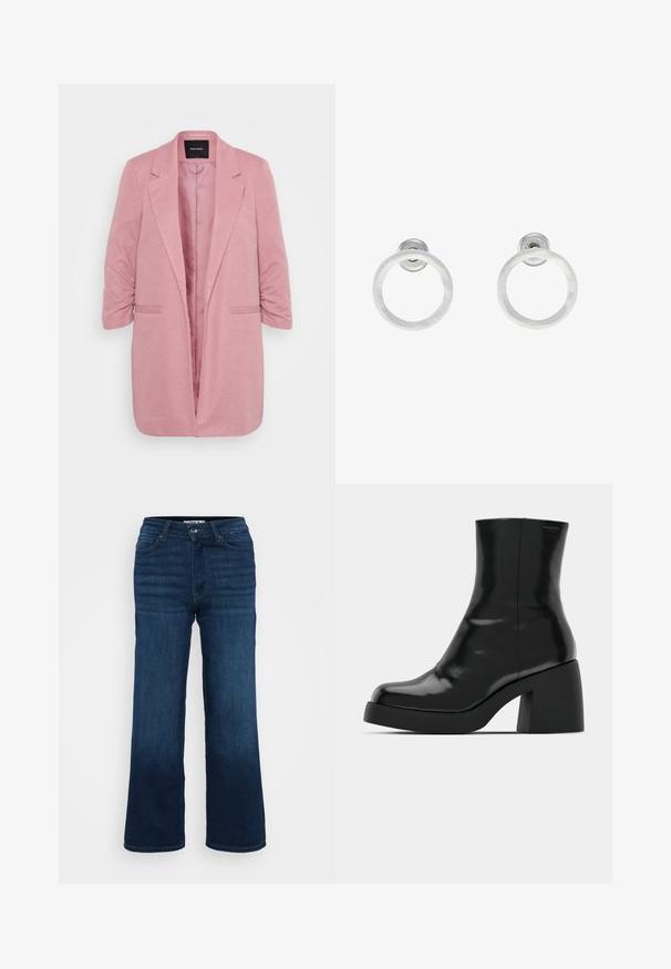 Šviesiai rožinė blazer'io švarkas su struktūriniu dizainu, tekstūrizuotu audiniu, nupjautomis atlapomis ir trimis ketvirtadalių rankovėmis. Yra du priekiniai kišeniai ir atidarytas priekis.; Even&Odd Petite 2 PACK - Viršus - light grey/black; ONLY Petite ONLMADISON BLUSH WIDE - Platėjantys džinsai - dark blue denim; Juodi kulkšniniai batai su blizgiu paviršiumi, kvadratiniu pirštu ir storu blokiniu kulnu. Dizainas pasižymi be siūlių siluetu ir minimalia ženklinimo. ; Sidabriniai metaliniai auskarai žiedų pavidalu su šveitimo tekstūra, turintys apvalų dizainą ir skaidrų laikiklį saugiam dėvėjimui.