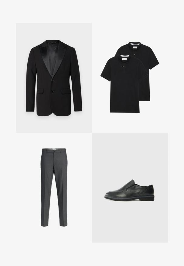 Czarny smoking z gładkiego materiału, z satynowymi klapami z wycięciem, dwoma guzikami z przodu i podwójnymi kieszeniami bocznymi. Klasyczny dopasowany krój.; Dwie czarne koszulki polo z krótkim rękawem, wykonane z materiału bawełnianego, z klasycznym kołnierzykiem, z zapięciem na dwa guziki oraz białymi paskami wewnątrz kołnierza.; Szare spodnie dresowe o prostym kroju, wykonane z gładkiego materiału. Posiadają zapinanie na guziki oraz dwie przednie kieszenie.; Czarne skórzane buty wsuwane z gładką cholewką, przeszyciami, okrągłym noskiem i niskim gumowym obcasem. Podeszwa ma minimalny bieżnik.